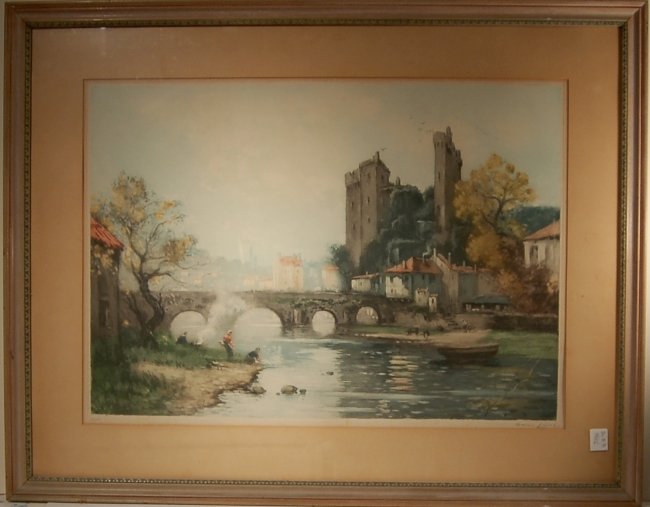 Maurice Levis, 1860-1940, French): Maurice Levis, 1860-1940, French) French Scene, circa 1910. Color etching and aquatint on paper. Signed and numbered 243/350 in pencil. The size is 25x17 1/2 in. Thiws artwork is framed.