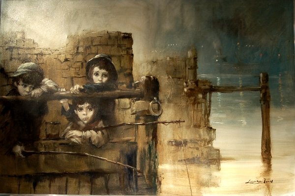 Barry Leighton Jones, British, 1932-2011: Three Boys Fishing, circa 1990. Oil on canvas, signed Leighton Jones Lower right. The canvas size is 36x54 inches. It is framed.This artwork is over sized, we encourage bidder to inquire about shippin