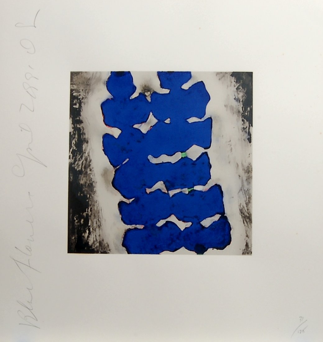 Donald Sultan b. 1951 (American): Donald Sultan. (b.1951 American) Blue Flowers, color silkscreen and lithograph on Arches 88 paper, signed, titled, dated April 1991 and numbered 31/125 in pencil. Published by Parasol Editions Press L