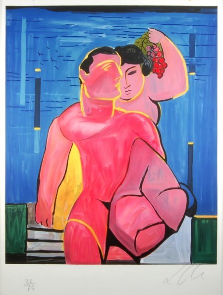 Sandro Chia (Born 1946), Italian. Color lithograph,: Man and Woman with Grape 1988. Color lithograph on wove paper, signed and numbered 28/75 in pencil. Size is 26"x31.75" sheet is 27"x39.25".