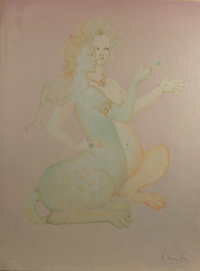 Leonor Fini, (1907-1996), Argentinian.: Two Sphinx, c. 1975. Color lithograph on Japan paper, signed and numbered 38/95 in pencil. The size is 25.65x21.5 inches.