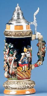 FEST STEIN W/ CLIMBER HANDLE: FEST STEIN W/ CLIMBER HANDLE….This dynamic stein has created a great deal of excitement with many unique qualities. First it has an unusual flared base featuring the word Gemuetlichkeit meaning