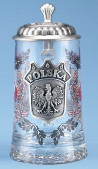GLASS POLSKA STEIN: GLASS POLSKA STEIN….A three-color direct print is permanently fired on the stein body. On the both sides are the Polish white & red flags. A pewter appliqué is in the front of the stein, prominentl