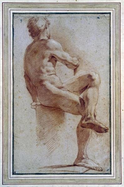A MALE NUDE SEATED WITH HIS BACK TURNED…ANNIBALE: Annibale Carracci - A Male Nude Seated With His Back Turned - 26 1/2 X 40 In. - This Giclée Print Is Gallery Stretched And Ready To Hang
