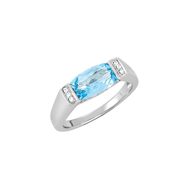 GENUINE SWISS BLUE TOPAZ & DIAMOND RING: Genuine Swiss Blue Topaz & Diamond Ring…./ 14Kt White / 1/10 Ct Tw/10.00X06.00 Mm / None / None Weight: 2.6DWT GramWeight: 4.04 Ring Size: 6