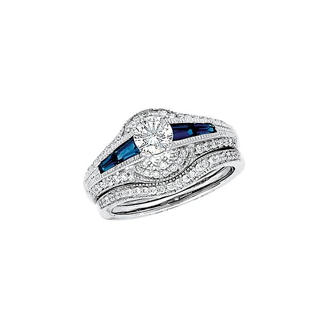 14KT YELLOW 1/10 CTW DIAMOND & SAPPHIRE BRIDAL SET SIZE: 14kt Yellow 1/10 CTW Diamond & Sapphire Bridal Set Size 5…./ 14Kt Yellow / Size 05.00/1.10 Ct Tw / Polished / Bridal Set Weight: 1.16DWT GramWeight: 1.8 Ring Size: 5