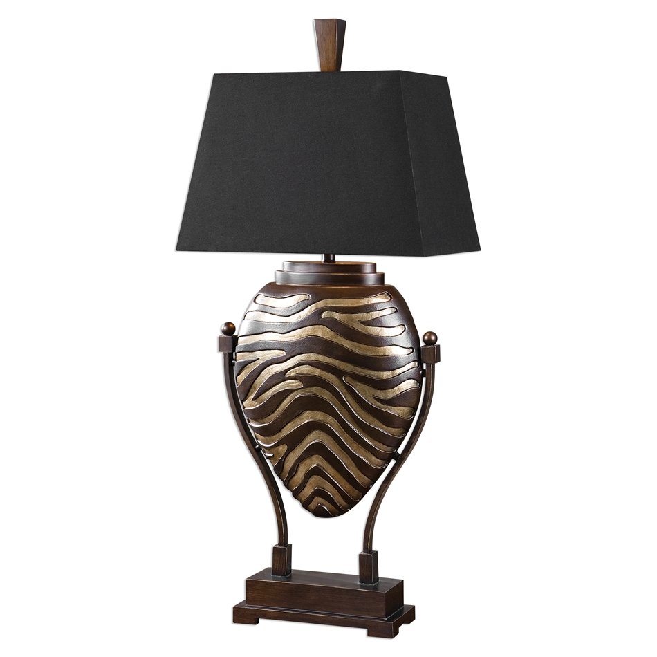Aguila: Aguila - This large table lamp is hand finished in a lightly distressed dark bronze accented with antiqued silver details. The tapered rectangle hardback shade is a black linen fabric with light slubb