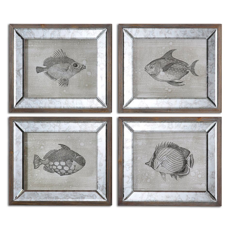 Mirrored Fish, S/4: Mirrored Fish, S/4 - Frames are dark brown finished wood with antique mirrors surrounding the canvas prints. - Dimensions: 16 W X 19 H X 1 D (in) Weight (lbs):20
