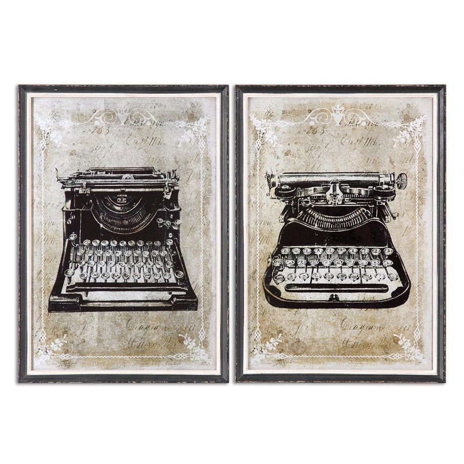 Classic Typewriters, S/2: Classic Typewriters, S/2 - Images are printed on the back side of antique mirrors. Frames are distressed black with a heavy gray wash. Inner lips are distressed ivory with a heavy gray wash. - Dimensi