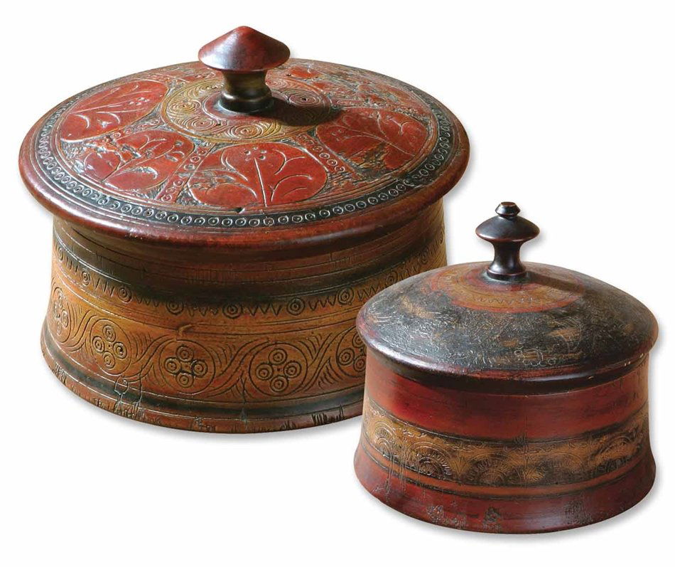 Sherpa, Boxes, S/2: Sherpa, Boxes, S/2 - These decorative boxes are finished in hues of red and brown with etched details. Removable lids. Sizes: Sm-7x6x7, Lg-9x8x9 - Dimensions: 9 W X 8 H X 9 D (in) Weight (lbs):18