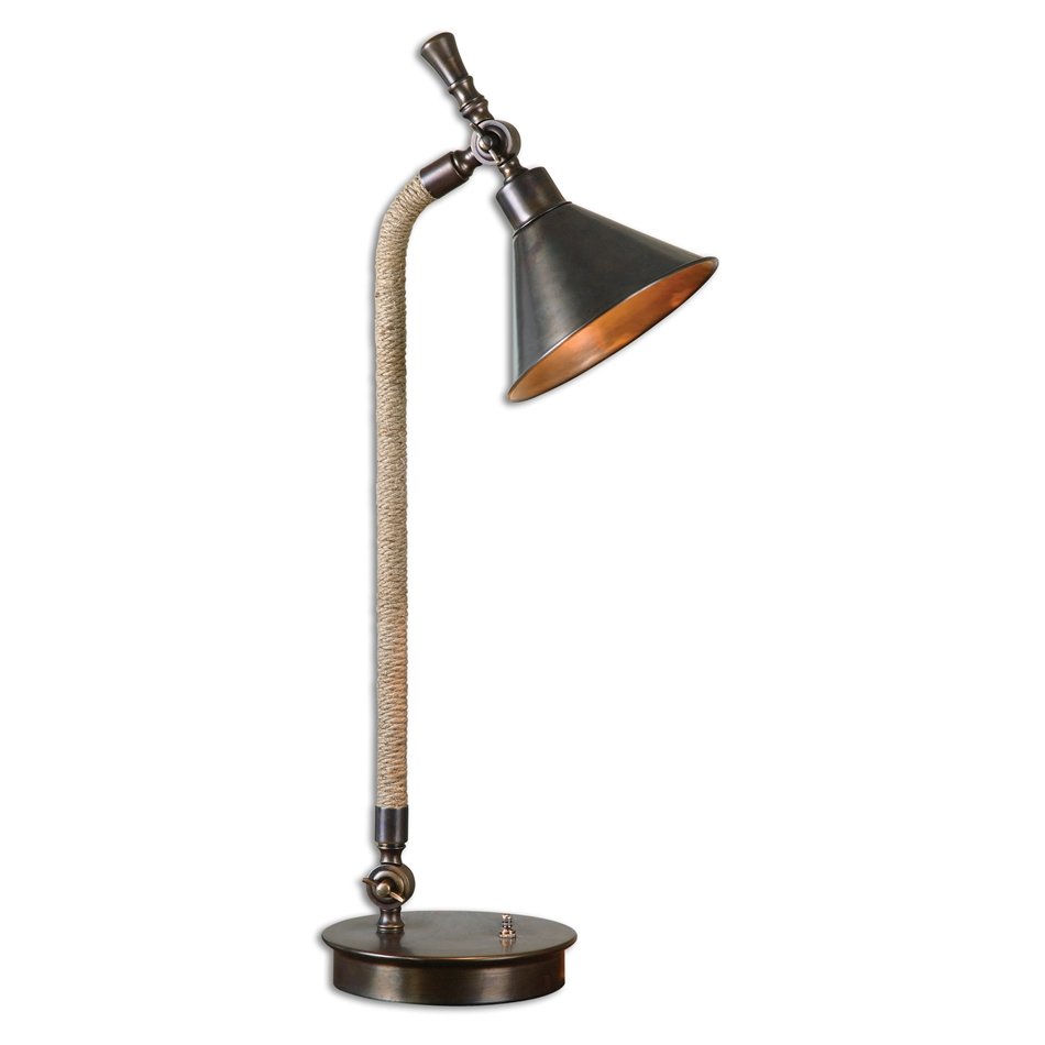 Duvall Task: Duvall Task - Metal base finished in a plated, oxidized bronze accented with a wrapped tea stained rope around the neck. Base arm and shade pivots up and down. - Dimensions: 28H, Shade 5H X 7 Dia. (in
