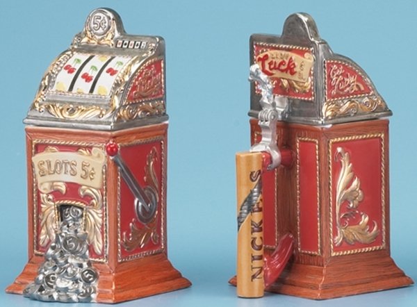 Slot Machine Stein: Slot Machine Stein….this Beautiful, Stoneware, Figural Stein Is Decorated In Highly Detailed Raised Relief. It Features A Slot Machine Releasing The Jackpot Shortly After Three Cherries Have Been Li