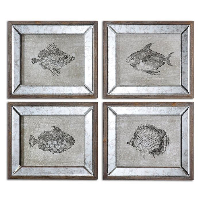 Mirrored Fish, S/4: Frames are dark brown finished wood with antique mirrors surrounding the canvas prints. Dimensions: 16 W X 19 H X 1 D (in) Weight (lbs):20
