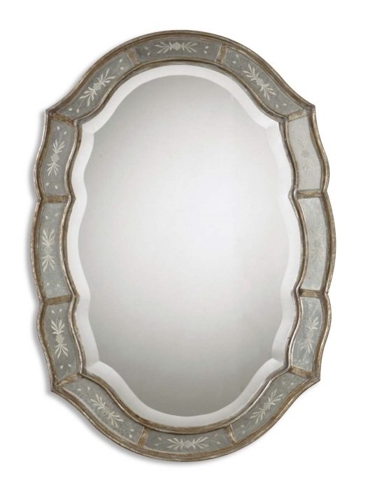 Fifi: This decorative mirror features a narrow inner and outer frame finished in heavily antiqued gold leaf with etched, antique mirrors. Center mirror has a generous 1 1/4" bevel. May be hung either horizo