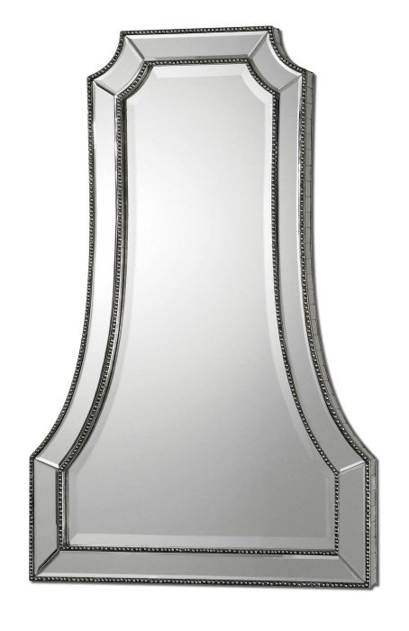 Cattaneo: Strips of hand beveled mirrors surrounded by a beaded inner and outer edge create the frame for this beveled mirror. Beading is finished in heavily antiqued silver champagne. Dimensions: 26 W X 40 H X