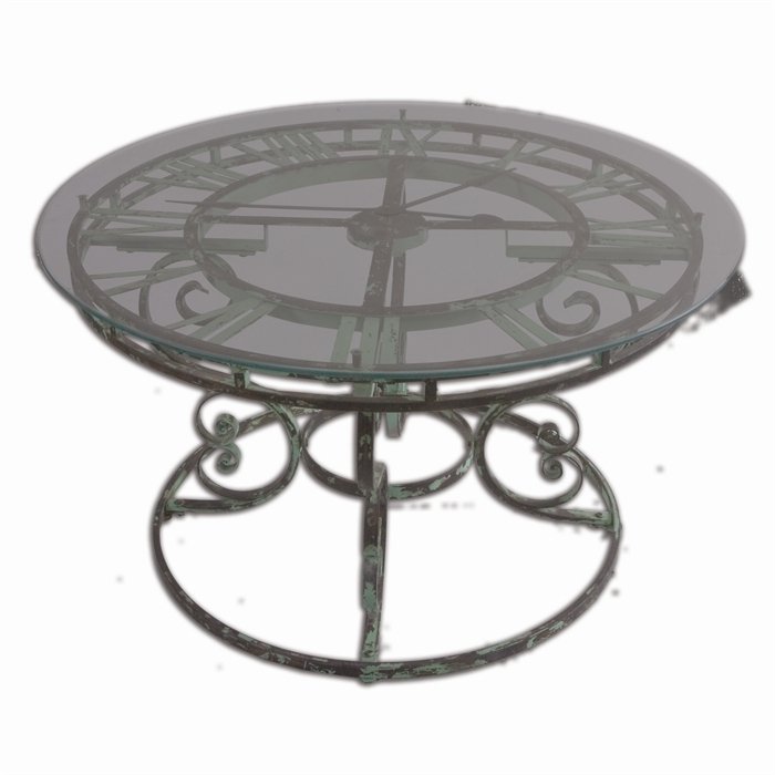 Gilbertine, Clock Table: Antiqued, light green, garden style curled iron coffee table with quartz movement clock under clear tempered glass top. Dimensions: 36 W X 21 H X 36 D (in) Weight (lbs):64