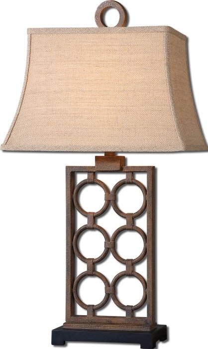 Dardenne: Hand forged metal finished in a rust bronze with a matte black foot. The rectangle bell shade is a burlap linen fabric with natural slubbing. Dimensions: 31H, Shade 11H X 17W X 11D (in) Weight (lbs):1