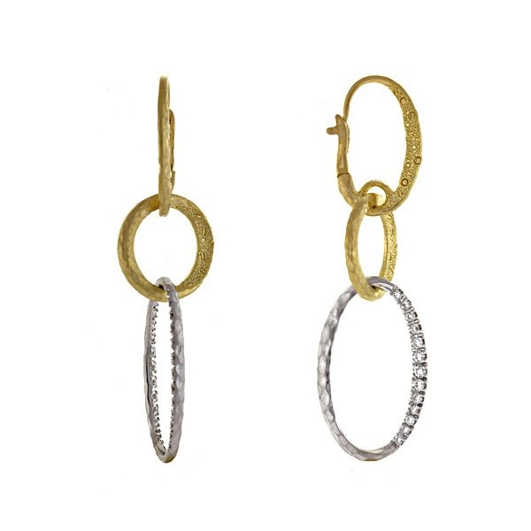 18KT W & Y Earring Textured: 18kt W & Y Earring Textured - Total Diamond Weight: 1.10 Ct Description: Two-tone, Dangle, Textured Finish Color: Two-tone