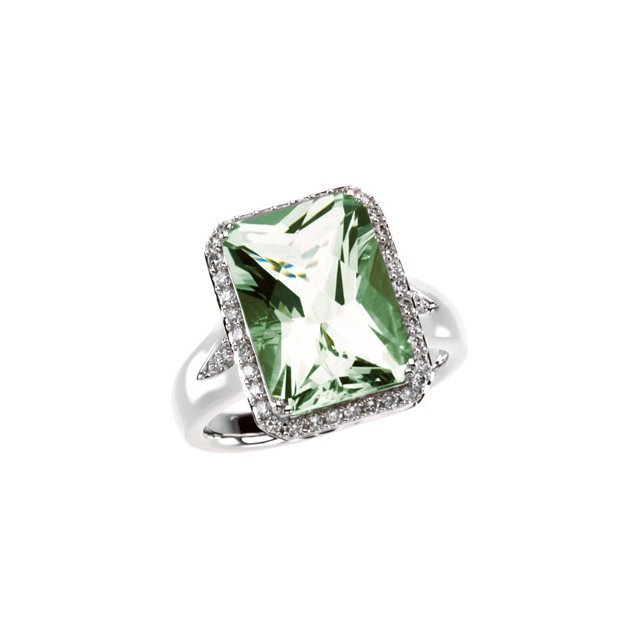 Green Quartz & Diamond Halo-Style Ring: Green Quartz & Diamond Halo-Style Ring - 14Kt White -- 1 -- 4 Ct Tw -- 14.00X10.00 Mm -- Polished -- Gen Prasiolite & Diamond Ring - DWT/Pennyweight: 3.49 - Gram Weight: 5.43