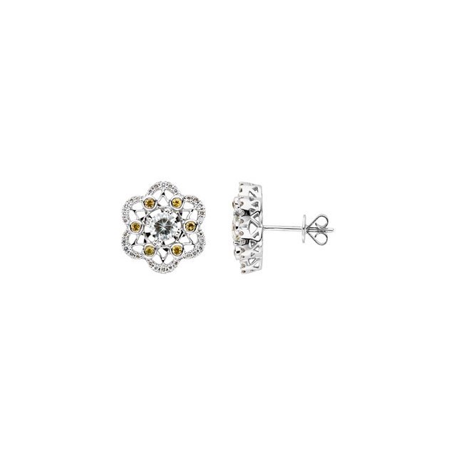 Forever Classicâ„¢ Moissanite, Diamond & Yellow: Forever Classicâ„¢ Moissanite, Diamond & Yellow Sapphire Earrings or Semi-mount - 14Kt White -- Pair 04.50Mm -- 1 -- 4 Ct Tw -- Polished -- Moiss,Gen Yell Sap & Dia Ear - DWT/Pennyweight: 3.18 - G