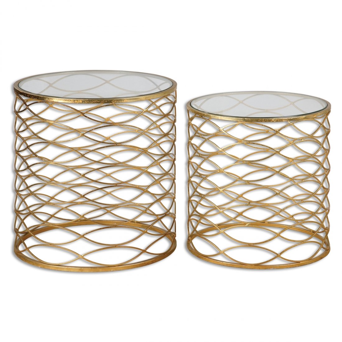 Zoa, Accent Tables, Set/2: Zoa, Accent Tables, Set/2 Dimensions: 20 W X 20 H X 20 D (in) Weight (lbs): 33 - Iron cage tables in bright gold finish, with clear tempered glass tops. Sizes: sm-17x17x17, lg-20x21x20