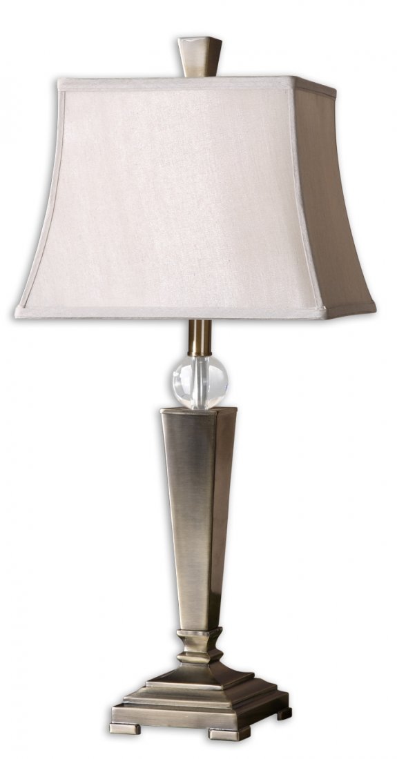 Mantello, 2 Per Box: Mantello, 2 Per Box Dimensions: 29H, Shade 10H X 13 Dia. (in) Weight (lbs): 0 - Plated coffee bronze metal with a crystal ball accent. The square semi bell shade is a silken champagne fabric. Packed 2