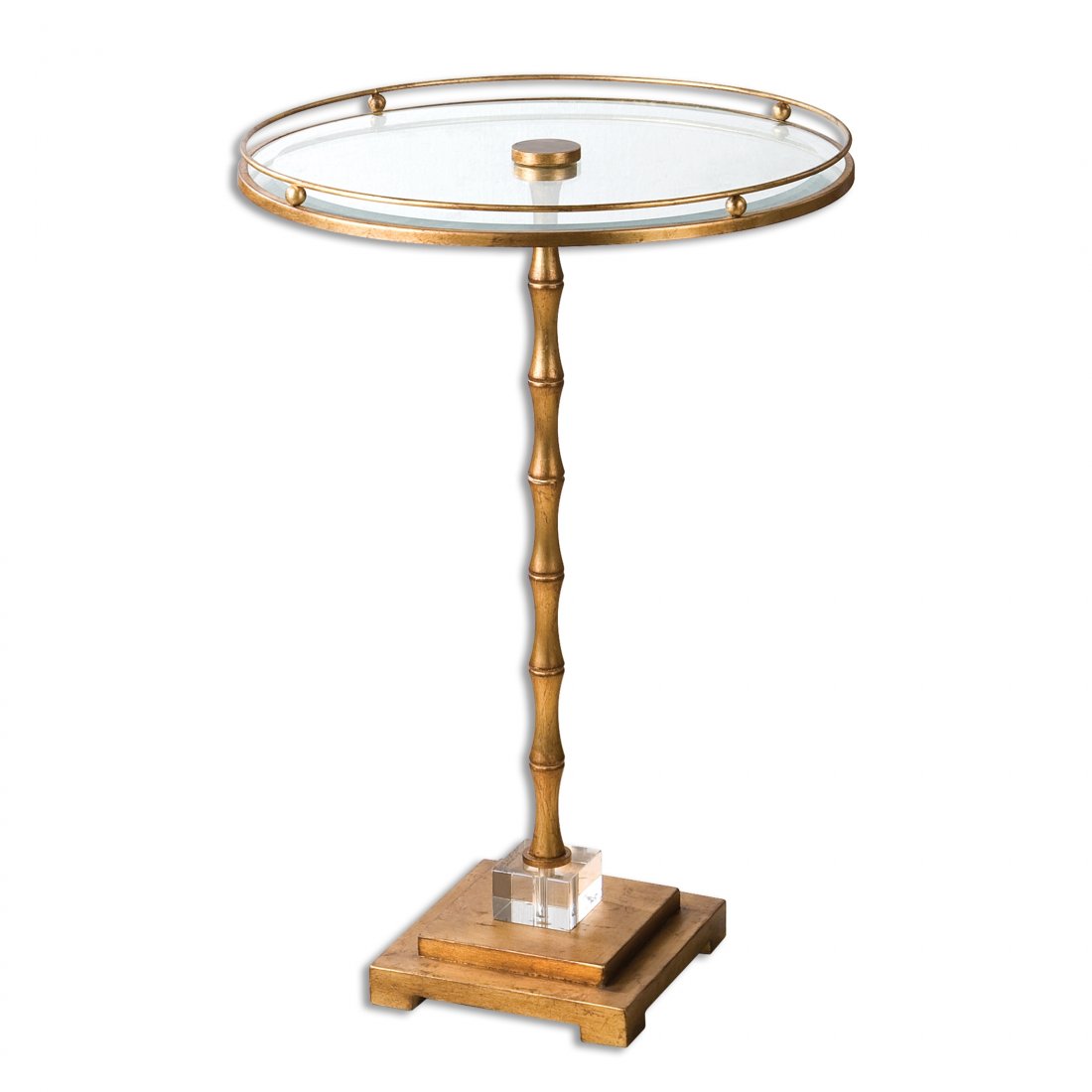 Quindici, Accent Table: Quindici, Accent Table Dimensions: 19 W X 27 H X 19 D (in) Weight (lbs): 25 - Clear glass set in a metal frame top with a metal bamboo post, finished in lightly antiqued gold leaf accented with a crys