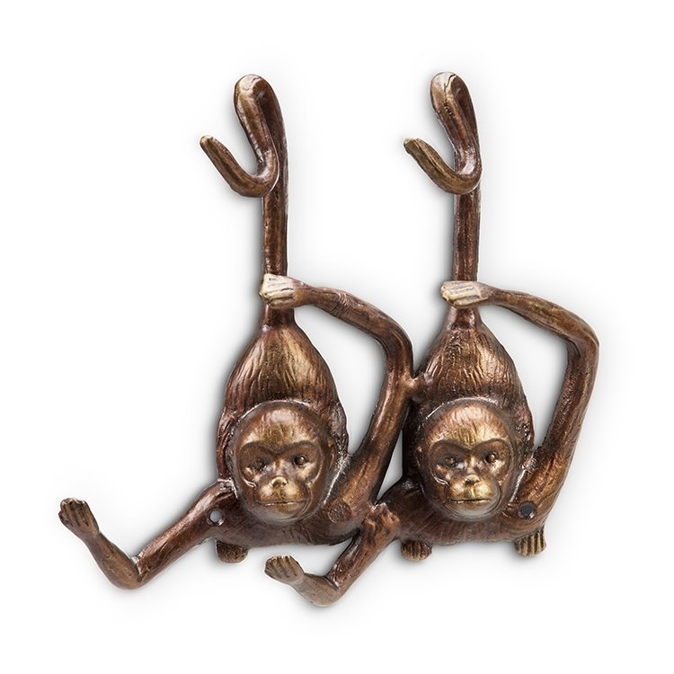 Monkey Pair Wall Hook: Monkey Pair Wall Hook - Dimensions: 9.5”H 10”W 2.5”D Material: Aluminum Weight: .70lbs
