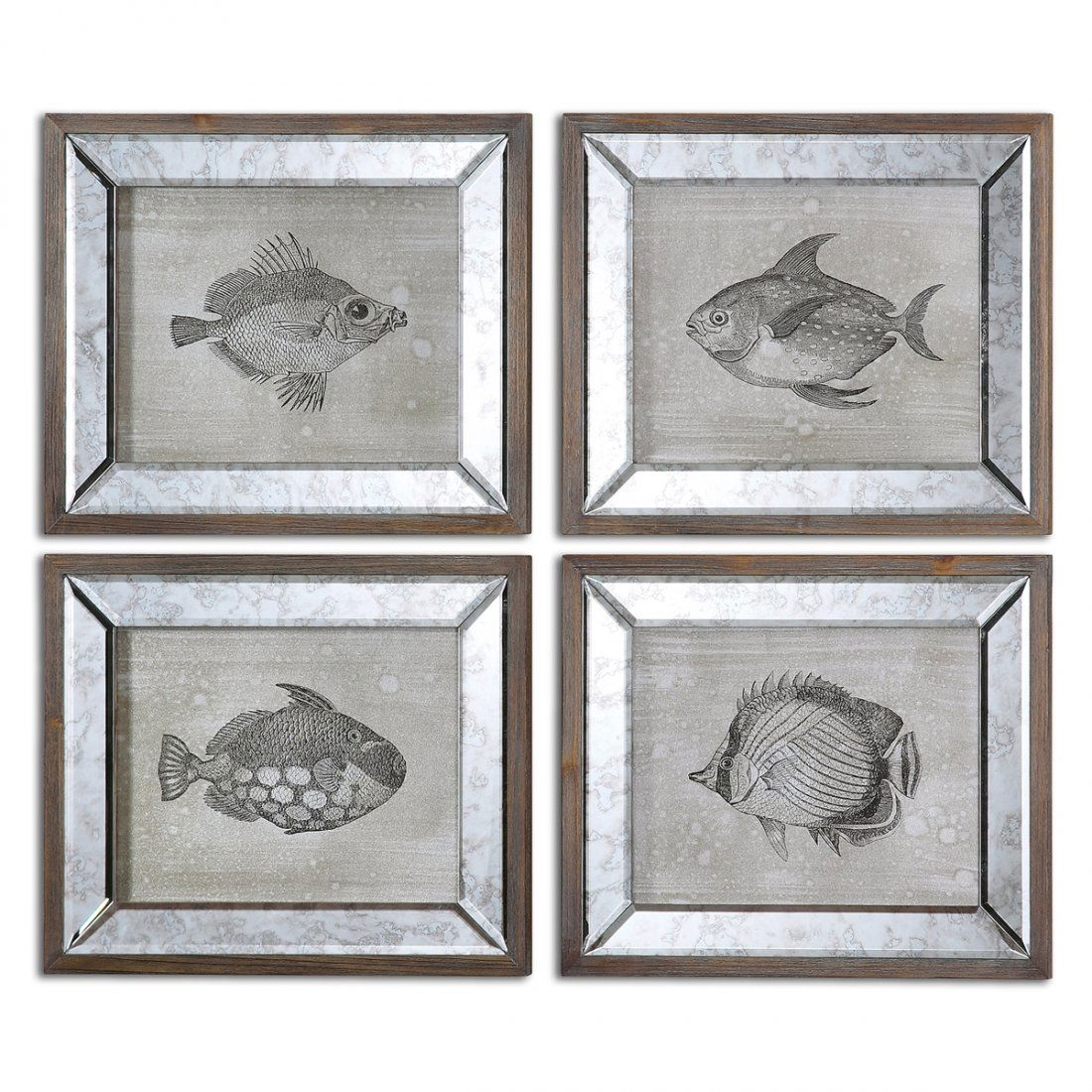 Mirrored Fish, S/4: Mirrored Fish, S/4 Dimensions: 16 W X 19 H X 1 D (in) Weight (lbs): 20 - Frames are dark brown finished wood with antique mirrors surrounding the canvas prints.