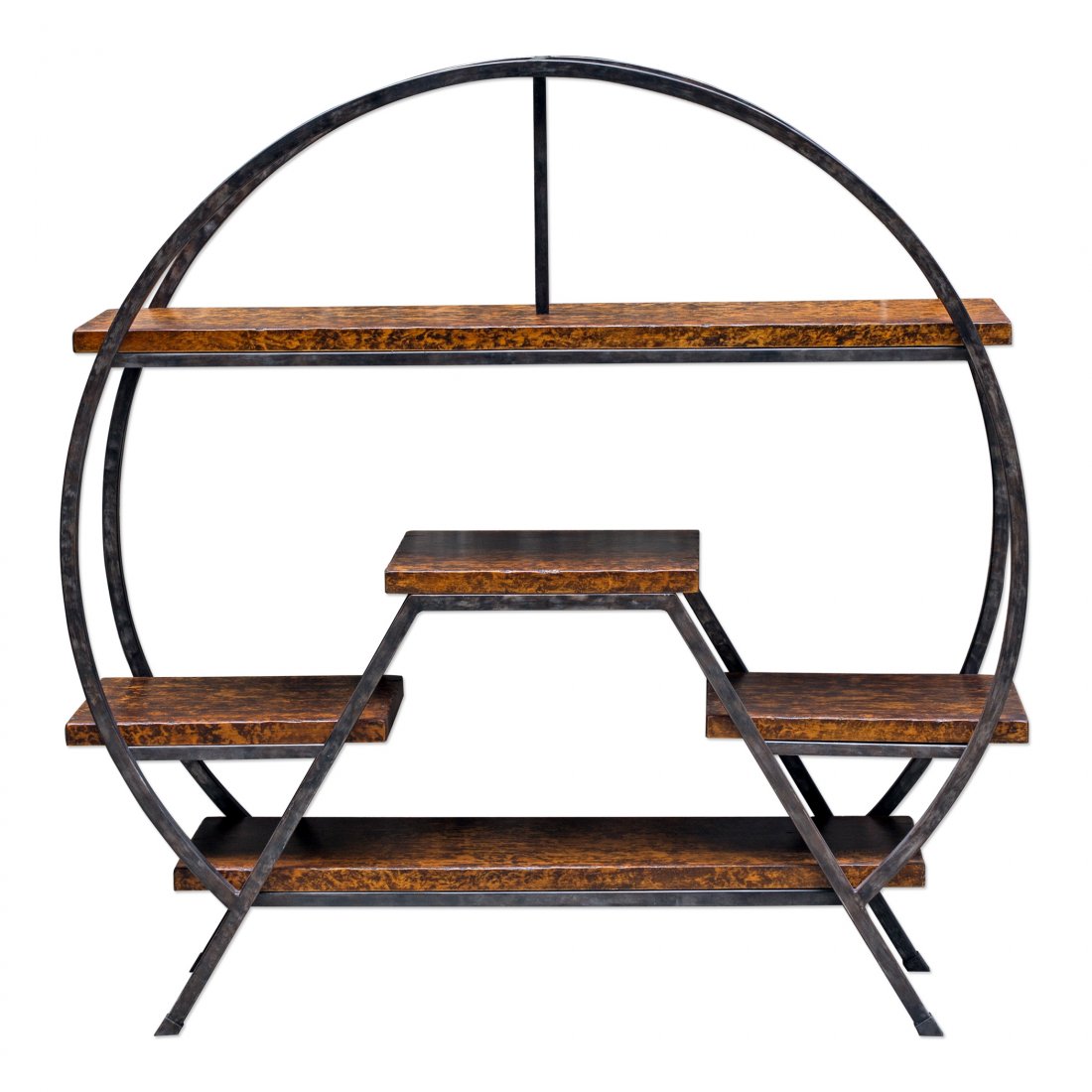 Ayoka, Etagere: Ayoka, Etagere Dimensions: 56 W X 57 H X 18 D (in) Weight (lbs): 137 - Multiple levels of floating shelves framed with hand forged iron. Shelves are finished in a rich simulated tortoise shell.