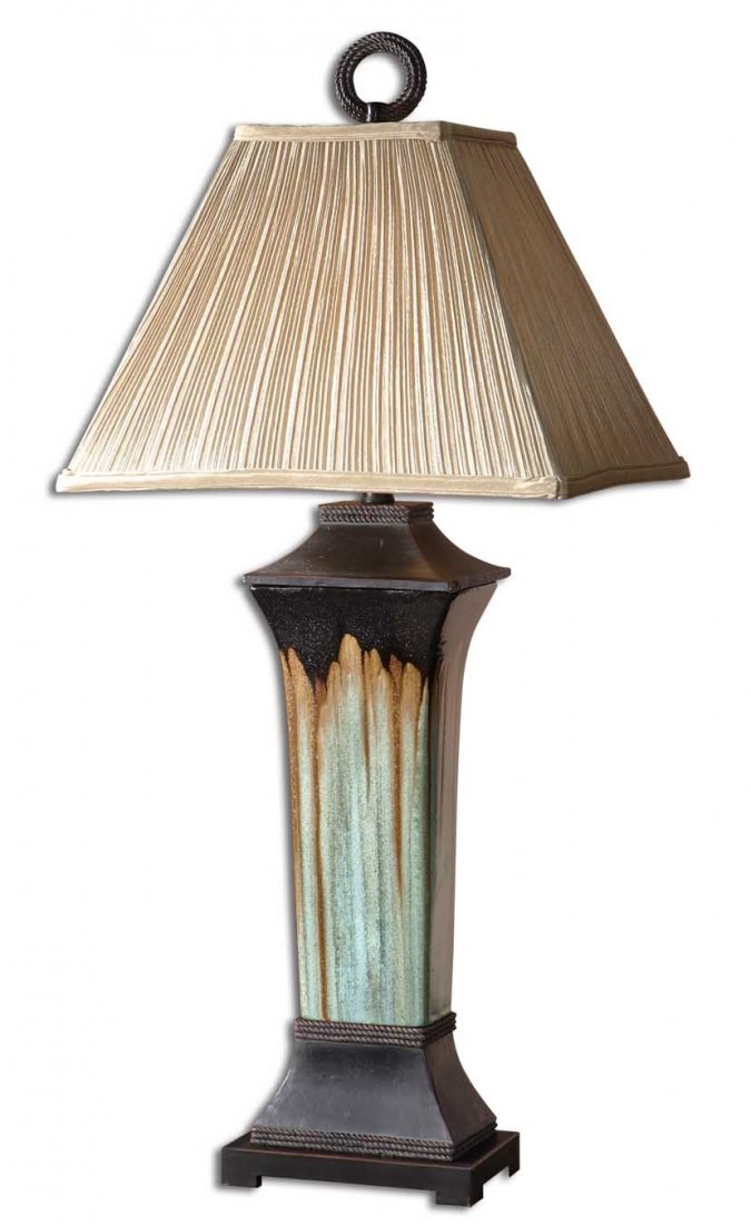 Olinda, Table: Olinda, Table Dimensions: 37H, Shade 13H X 17W X 14D (in) Weight (lbs): 19 - This lamp has a light green and metallic brown porcelain body with antiqued dark brown metal details. The pleated square to