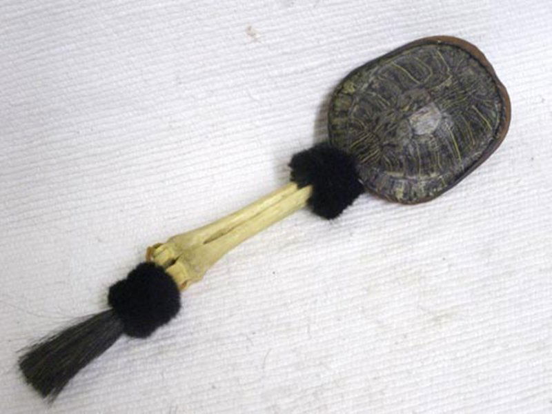 Native American Turtle Shell Hand Rattle with Bone: Native American Turtle Shell Hand Rattle with Bone Handle Dimensions: 9 in. long +3 in. horsehair tassle
