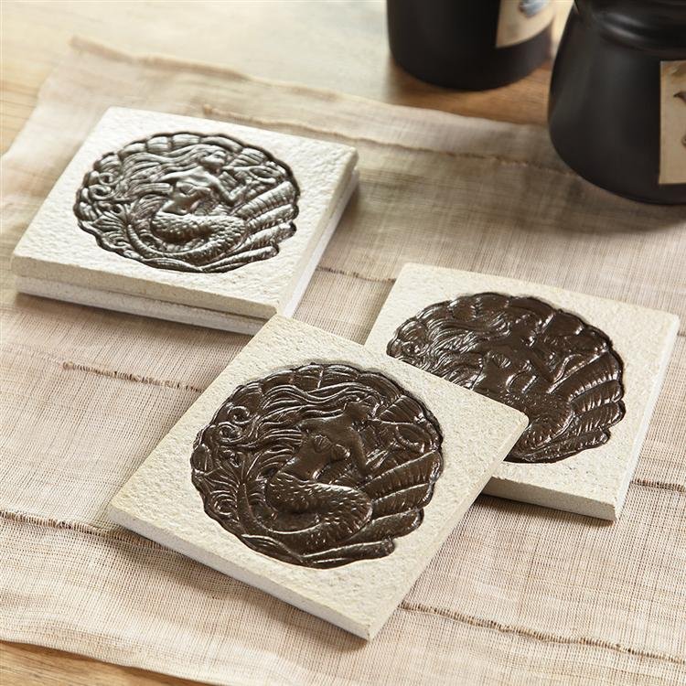 Mermaid on Shell Coasters S/4: Mermaid on Shell Coasters S/4 - Dimensions: 0.5"H 4"W 4"D Material: Resin Weight: 1.3lbs