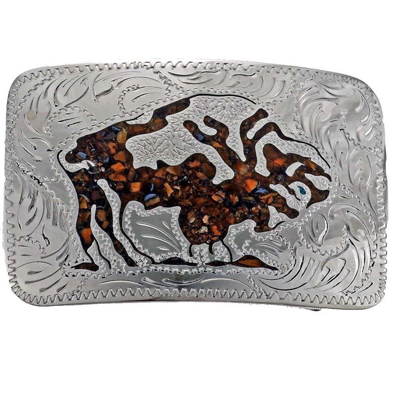 Belt Buckle: Inlaid Silver Belt Buckle Engraved Tigers Eye Buffalo