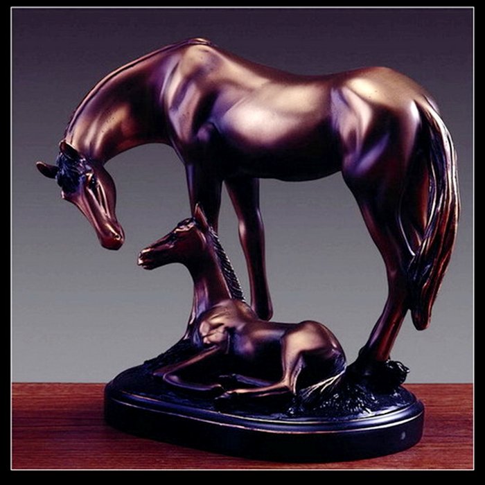 Bronze Mare w/Foal: Electroplated Bronze Sculpture
