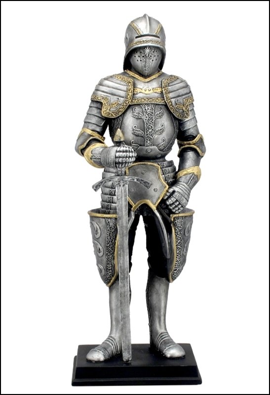 Statue: Medieval Armor With Sword, Sallet Helm And Tasset Pockets Material: Polystone Size: (H) 11