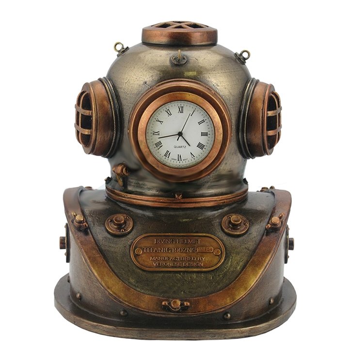Bronze Art: Diving Helmet Clock (Mbz + Copper) Material: Cold Cast Bronze Size: (H) 5 1/4