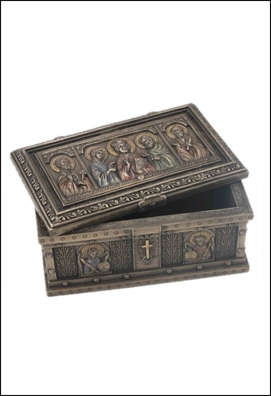 Bronze Art: Catholic Saints Trinket Box Material: Cold Cast Bronze Size: (L) 4 7/8