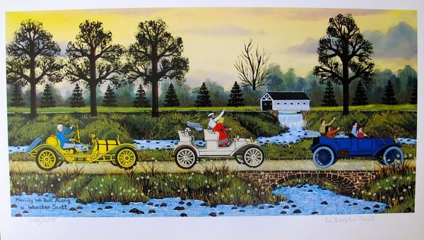 Jane Wooster Scott: Jane Wooster Scott Merrily We Roll Along Hand Signed Limited Ed. Lithograph