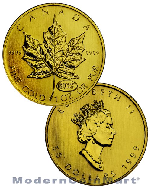 1999 Canadian Maple Leaf 1 Troy ounce .9999 20th year: The Canadian Gold Maple Leaf is the official gold bullion coin of Canada, and is produced by the Royal Canadian Mint. It is among the purest gold coins in the world, with a fineness of .9999 containin