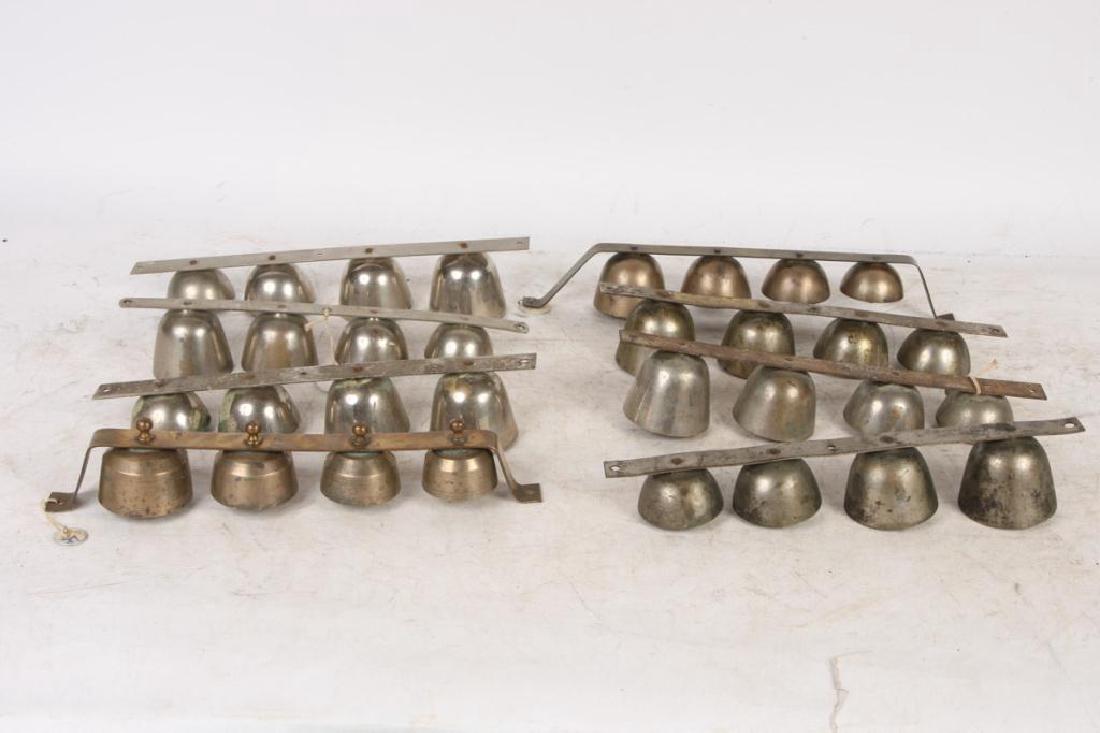 (8) ANTIQUE SHAFT / POLE / ICE CREAM BELLS: Each with (4) graduating bells. Each with (3) clappers. In brass, nickel and chrome.
