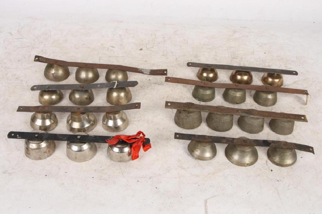 (8) ANTIQUE SHAFT / POLE / ICE CREAM BELLS: Each with (3) bells in brass and nickel.