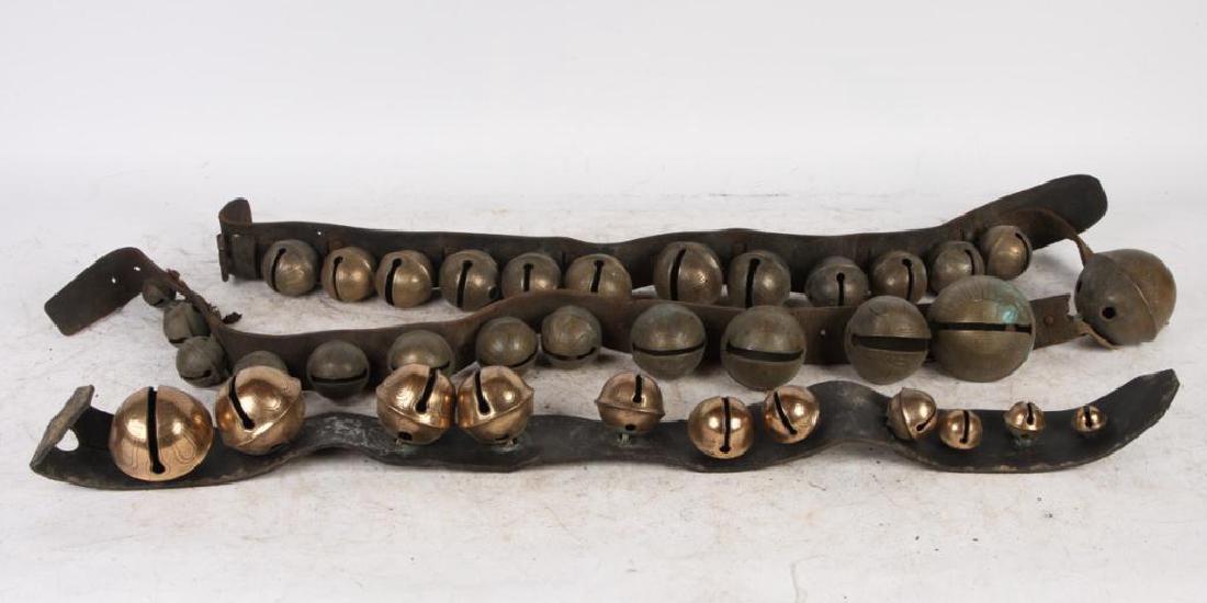 (3) LARGE LEATHER STRAPS OF BRASS PETAL BELLS (1 of 6)