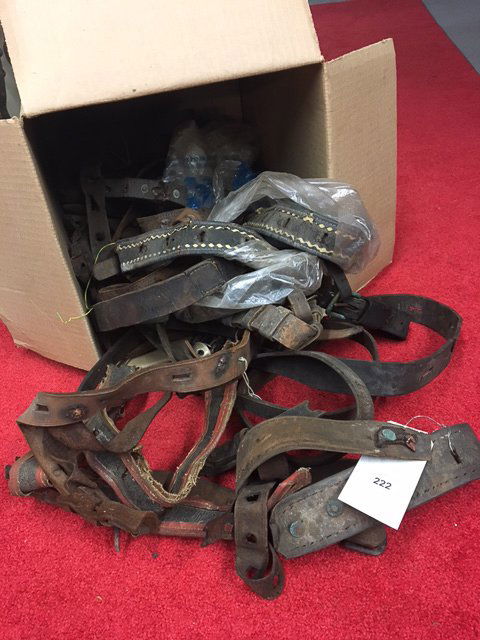 BOX OF INCOMPLETE ANTIQUE SLEIGH BELL STRAPS (1 of 3)