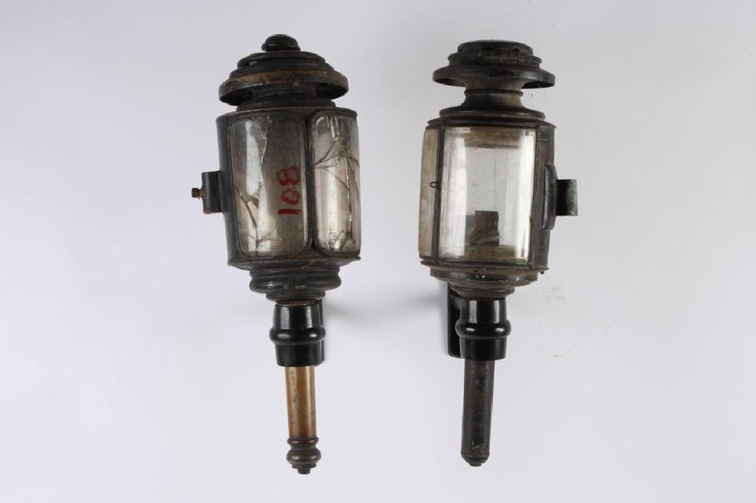 CUNNINGHAM MED HEARSE & (2) TUBULAR CARRIAGE LAMPS: Height 31, 22 and 21 inches.