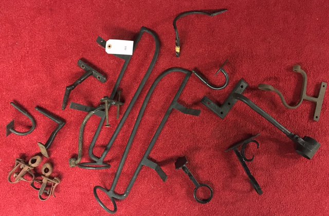 HORSE AND CARRIAGE RELATED HARDWARE: Wall mounted iron hanger and other hangers, wrenches, iron chain, branding irons. etc.