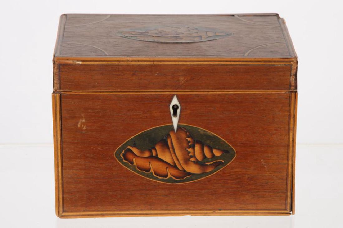 19TH C GEORGIAN INLAID MAHOGANY TEA CADDY: Shell inlay decoration. 5 x 7 x 4 1/2 inches