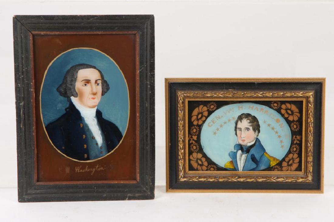 TWO REVERSE PAINTED PRESIDENTIAL PORTRAITS: Two folk art reverse painting on glass, one a portrait roundell of George Washington. 8 1/4 x 5 1/2 inches; the other of General William Harrison, 4 x 6 1/2 inches. Overall of largest: 10 1/2 x 7 3/4