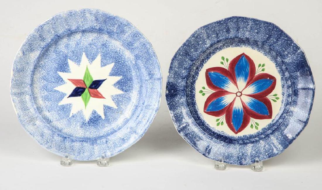 TWO BLUE SPATTERWARE DAHLIA PATTERN PLATES (1 of 4)