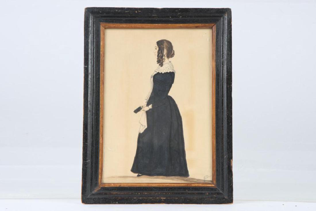 AMERICAN FOLK ART WATERCOLOR PORTRAIT OF A WOMAN: 19th century. Full length watercolor and ink portrait of a woman in profile holding a book and handkerchief; initialed “J.W. B.”. Sight: 8 x 5 1/2 inches. Housed in a black frame with gilt liner: 